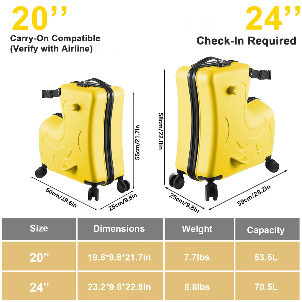 Kids Ride On Luggage 24 Inch, Toddler Travel Suitcase with Safety Belt & Wheels - Yellow Carry On for Airplane,Car Seat,Toddlers