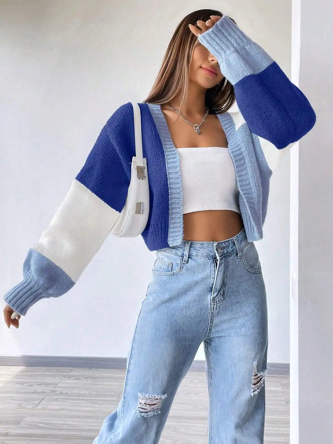 Color Block Drop Shoulder Knit Cardigan for Women, Long Sleeve Fall Winter Casual Top