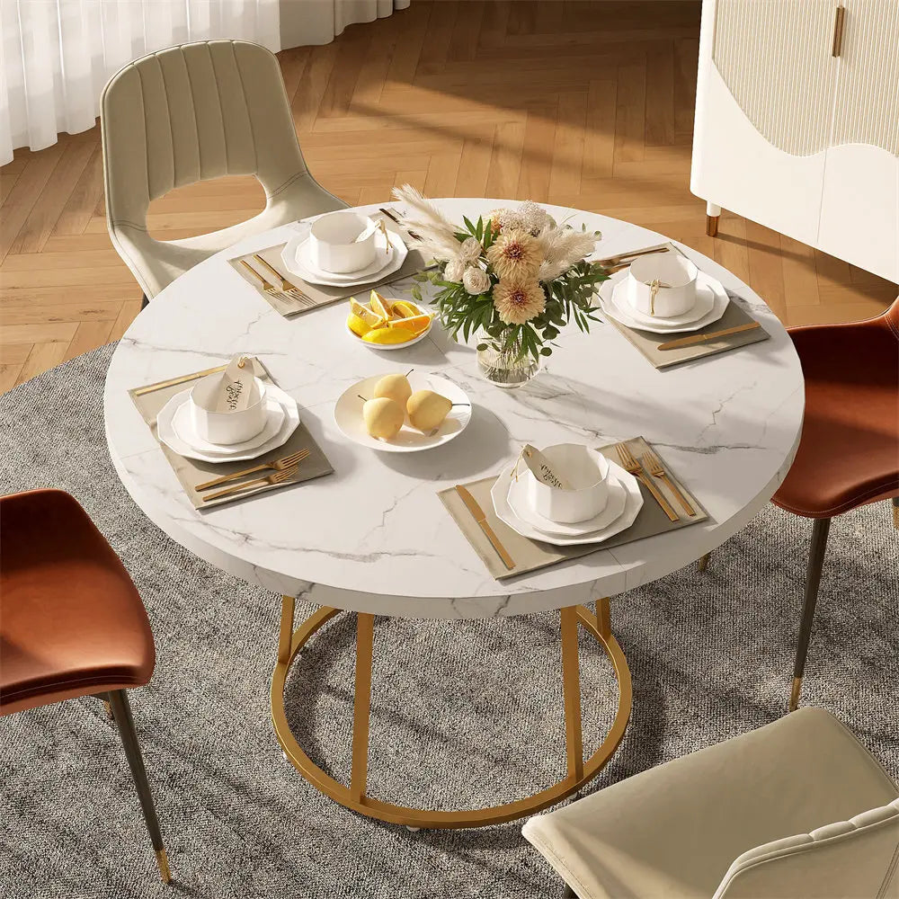 47.24 Inch Round Dining Table Kitchen Table for 4 People Wooden Marble Pattern Dinner Room Table with Gold Base for Home office
