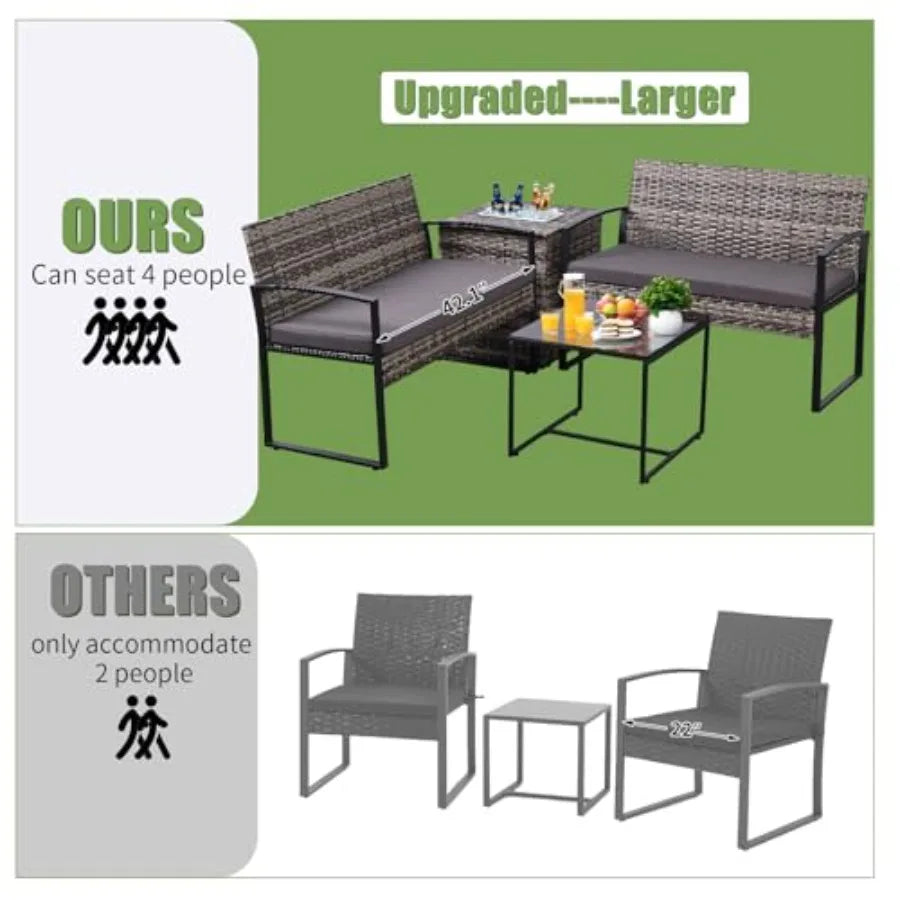 FHFO 4 Piece Outdoor Patio Furniture Set with Built-in Beverage Cooler Storage Box Wicker Conversation Sets Patio Outdoor Loves