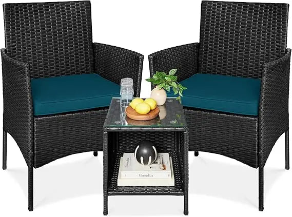 3-Piece Outdoor Wicker Conversation Bistro Set, Space Saving Patio Furniture for Garden w/Side Table - Gray/Navy