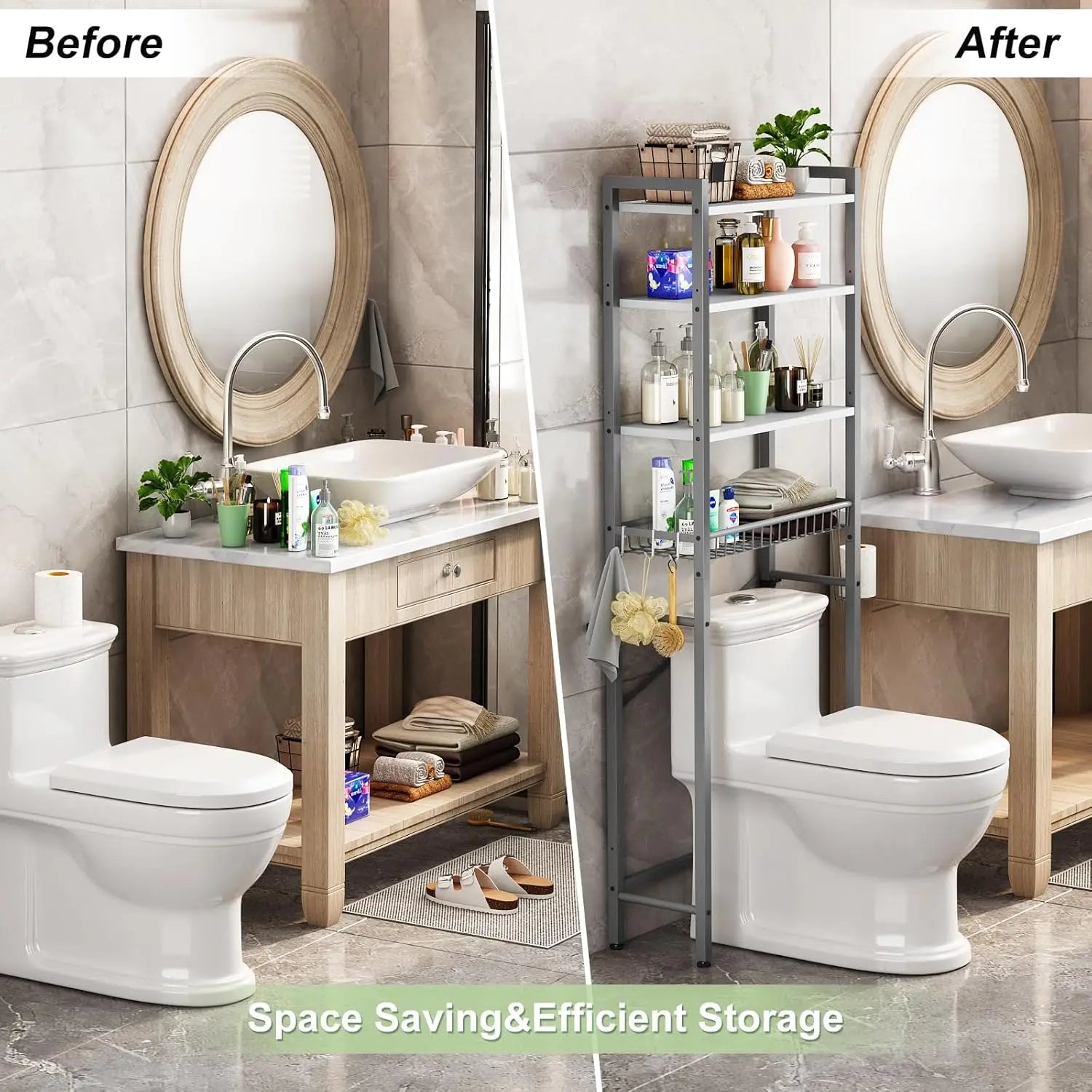 4-Tier Over-The-Toilet Storage Rack with Adjustable Shelf and Basket, Freestanding Bathroom Organizer in Gray-White