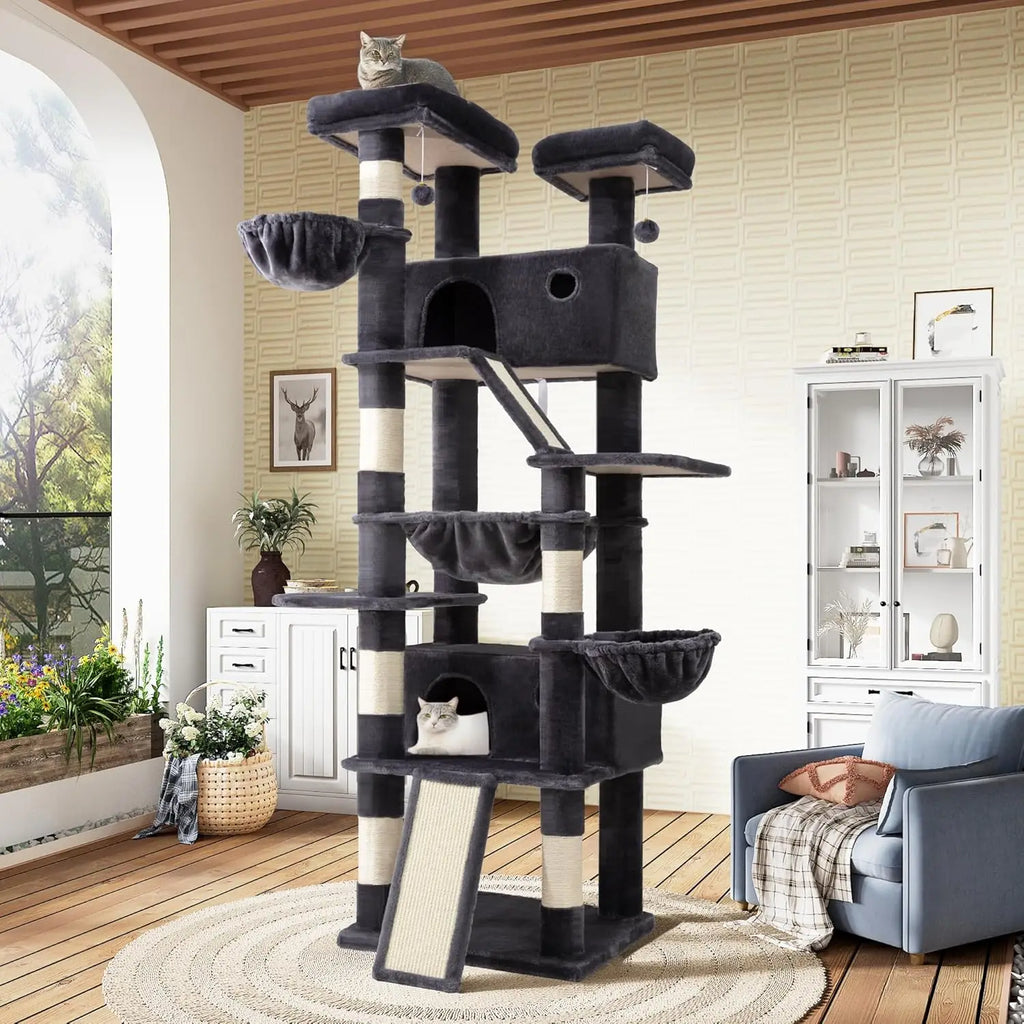 81in Multi-Level Tall Cat Tree Tower for Indoor Kitties with Hammock, Scratching Posts, and Wide Base in Dark Grey