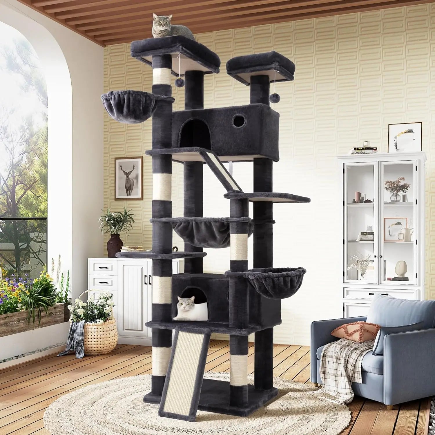 81in Multi-Level Tall Cat Tree Tower for Indoor Kitties with Hammock, Scratching Posts, and Wide Base in Dark Grey