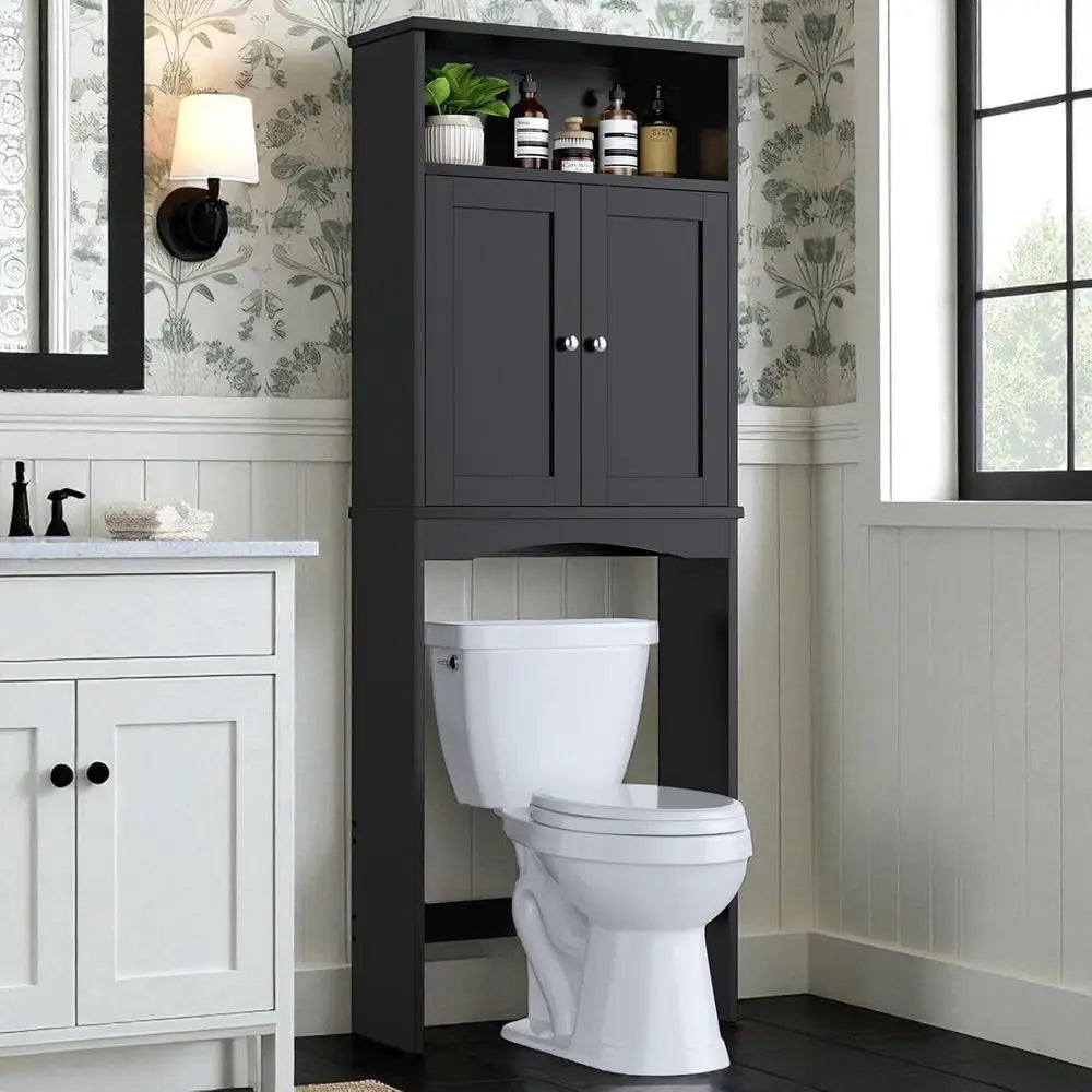 Black Over Toilet Storage Cabinet with Adjustable Shelf and Double Doors for Bathroom Organization