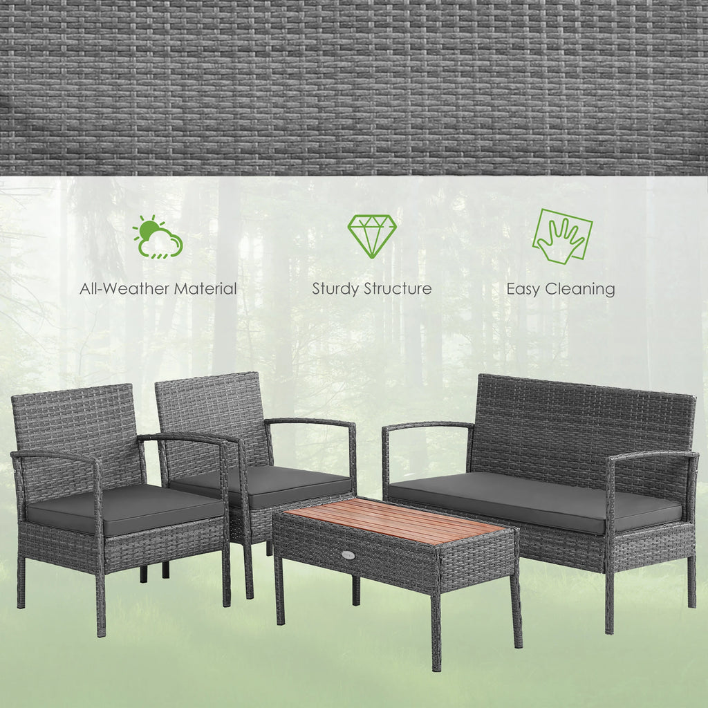4PCS Patio Rattan Furniture Set Cushioned Chair Wooden Tabletop Gray