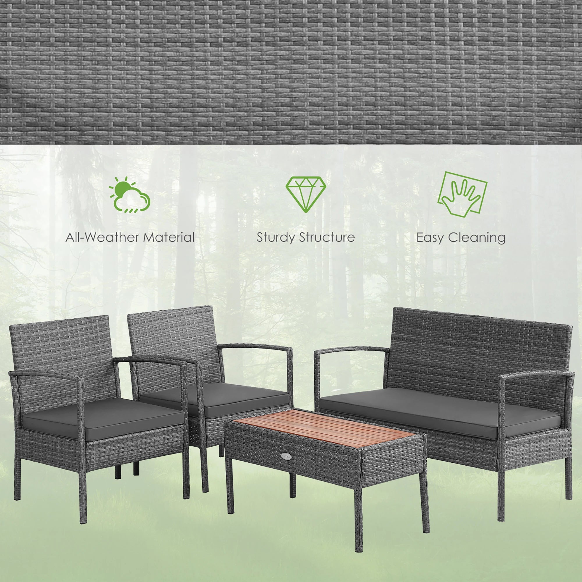 4PCS Patio Rattan Furniture Set Cushioned Chair Wooden Tabletop Gray