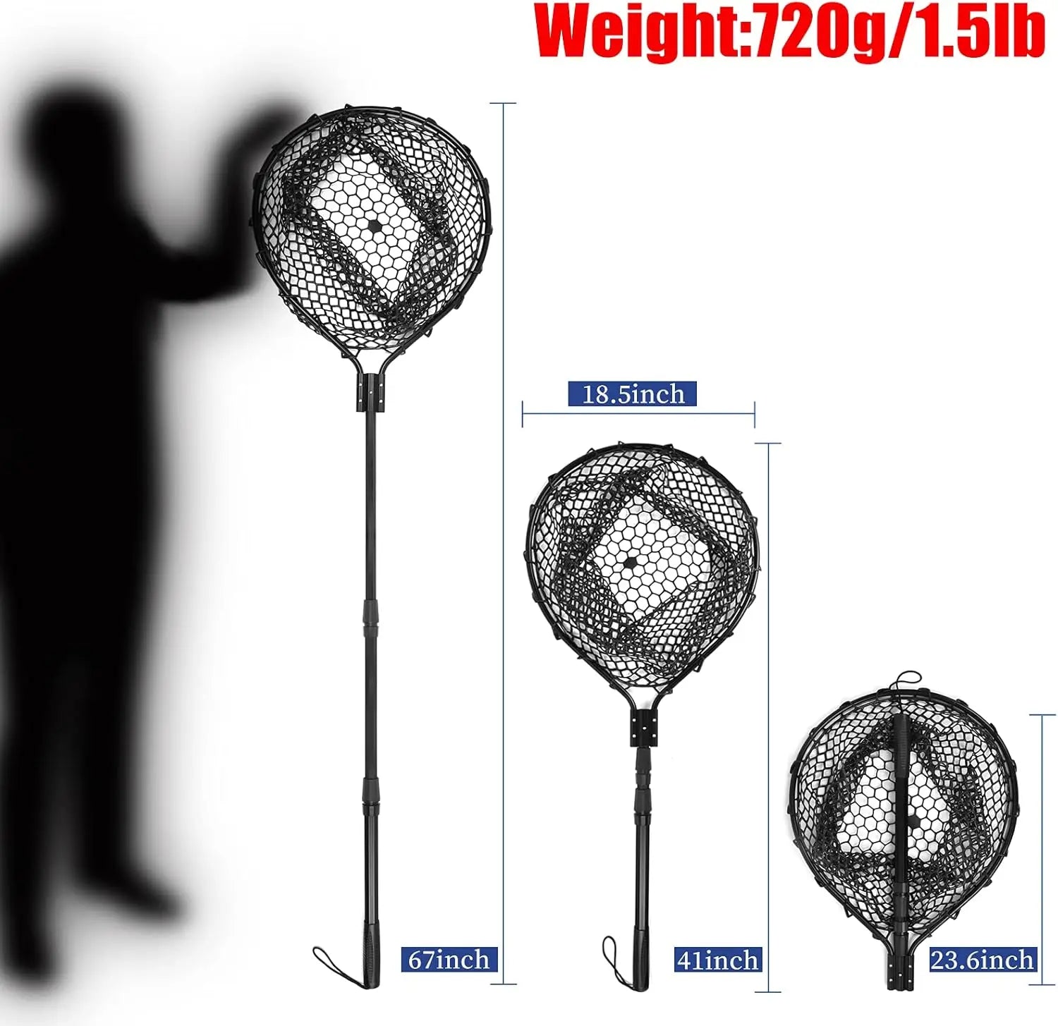 Large Folding Rubber Fishing Net with Aluminum Handle, Extends to 67 Inches for Freshwater and Saltwater