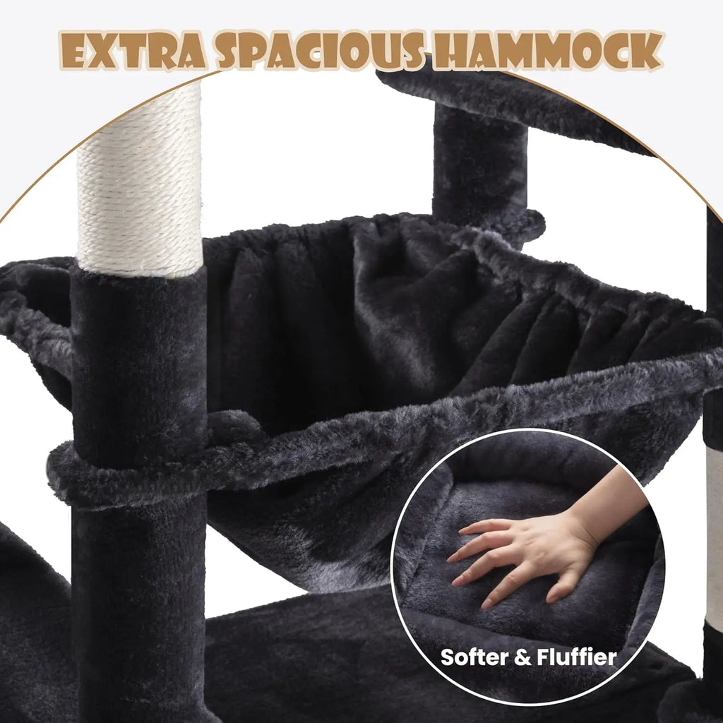 81in Multi-Level Tall Cat Tree Tower for Indoor Kitties with Hammock, Scratching Posts, and Wide Base in Dark Grey