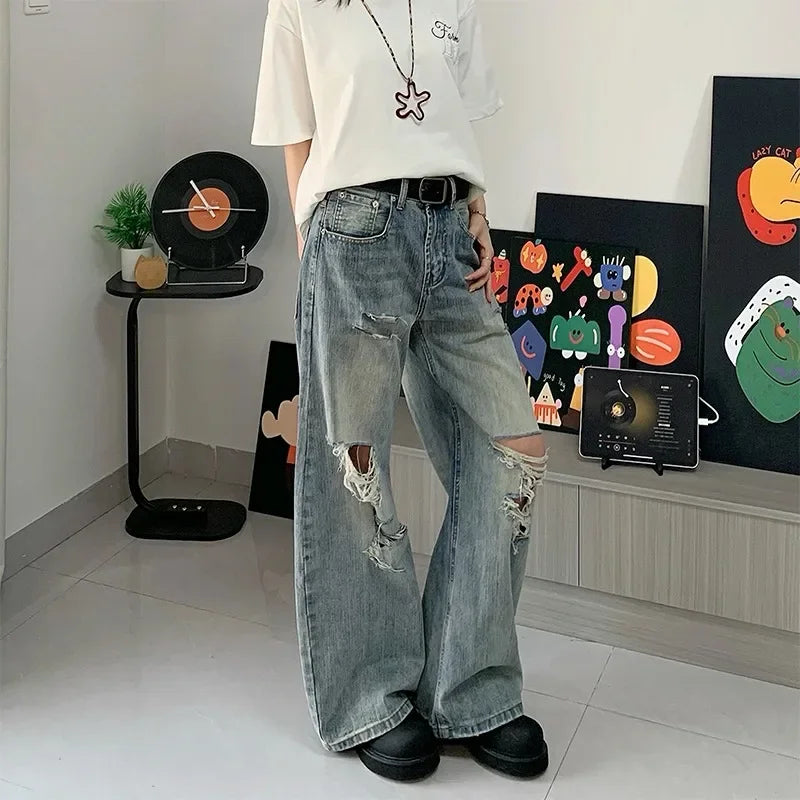 American retro new style bamboo joint old ripped jeans for men and women draped casual and versatile loose straight trousers