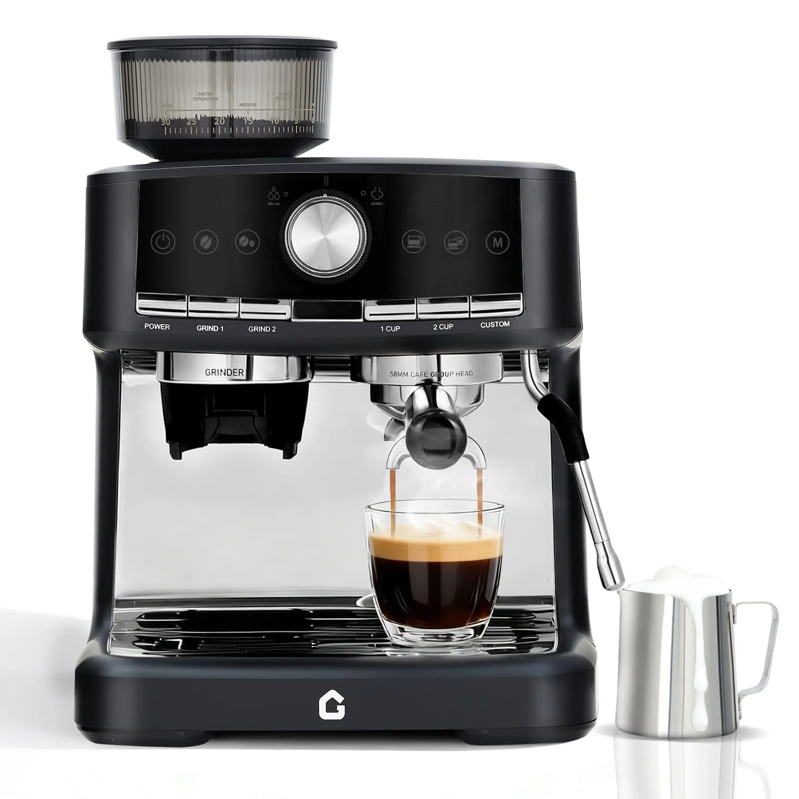 20-Bar Stainless Steel Espresso Machine With 30-Setting Grinder & Milk Frother 1.5L Removable Tank Adjustable Shot Volume