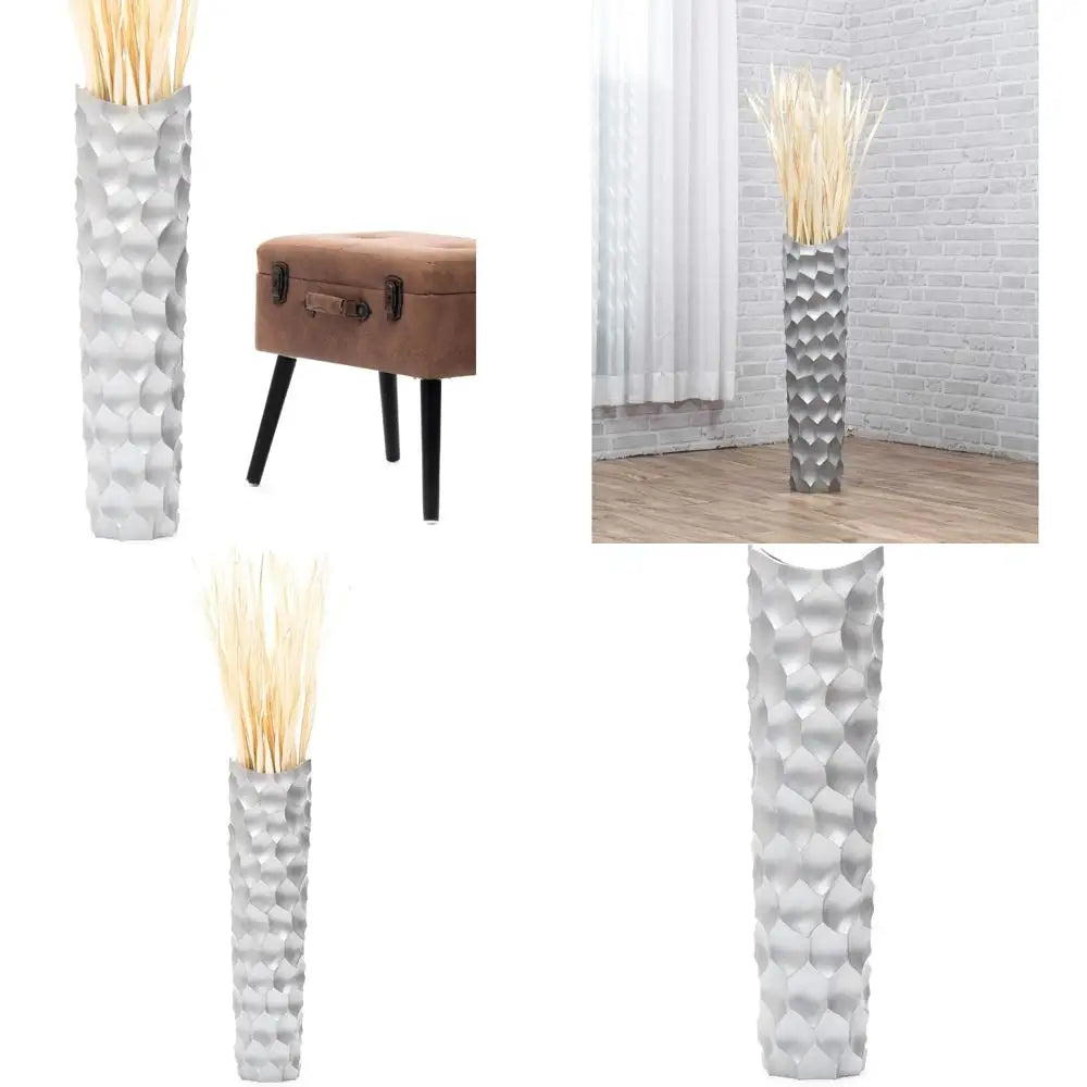 Large Silver Tall Wooden Floor Vase - 26 Inch Farmhouse Style Decorative Holder for Artificial Flowers and Pampas Grass