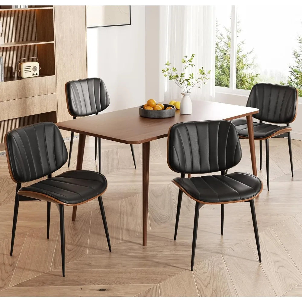 Dining Chairs Set of 4, Mid Century Modern Dining Room Chair, Upholstered Faux Leather Kitchen Chairs with Walnut Bentwood