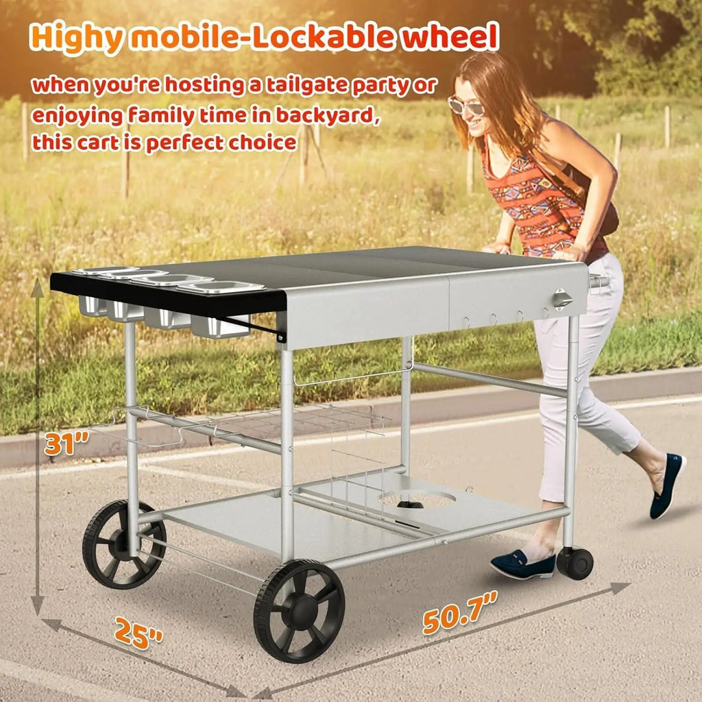 YOU_Pizza Oven Table Grill Cart with Pizza Topping Station Movable Food and Prep Workcart Outdoor Grill Table Stand for Ninja
