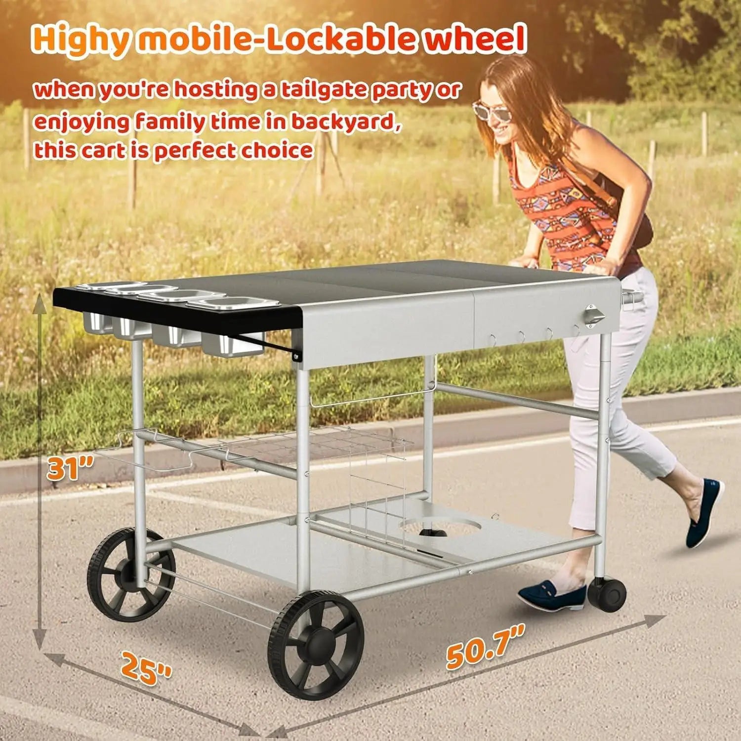YOU_Pizza Oven Table Grill Cart with Pizza Topping Station Movable Food and Prep Workcart Outdoor Grill Table Stand for Ninja