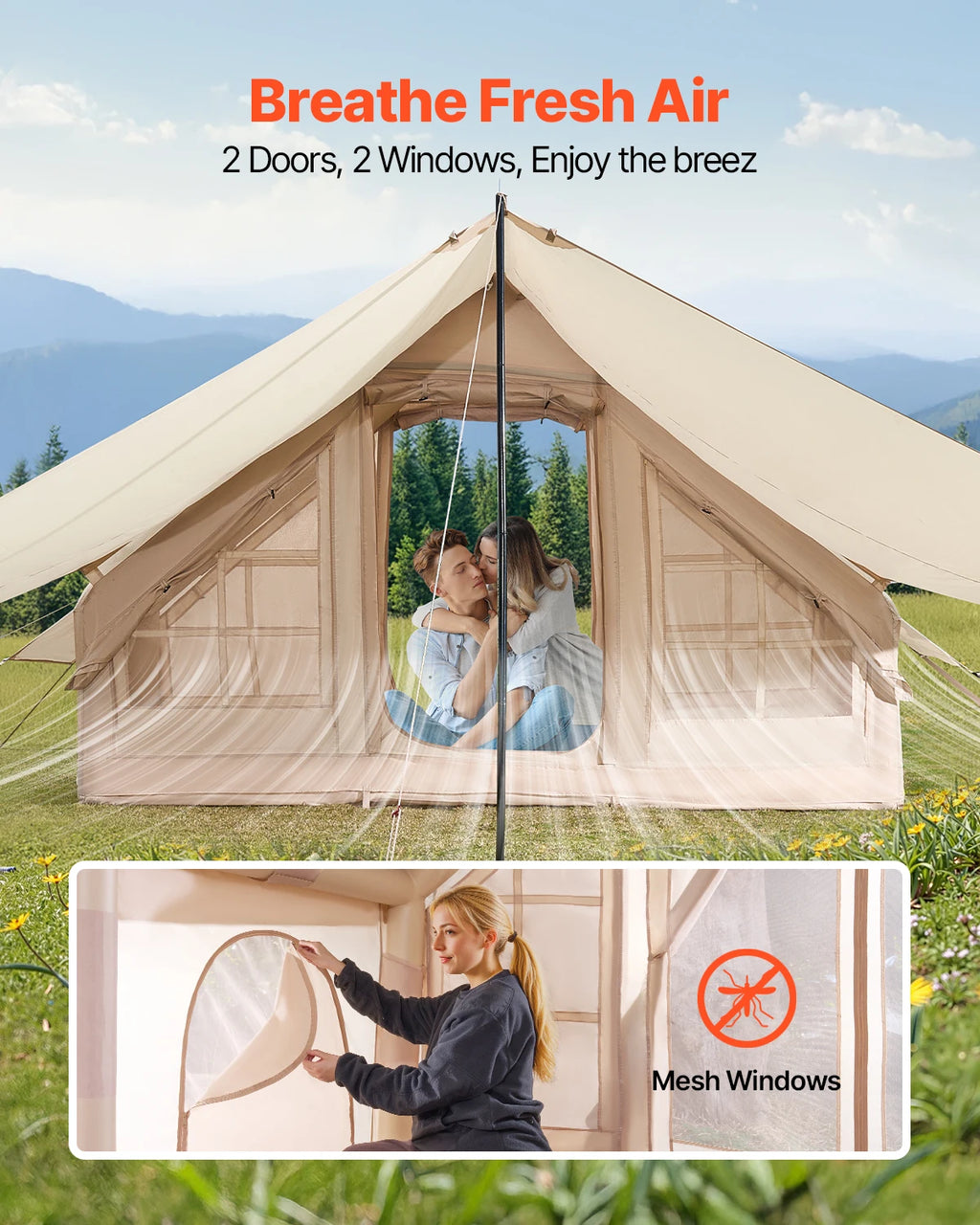 VEVOR Inflatable Tents for Camping 3-5 Person Easy Setup Blow up Tent with Hand Pump 300D Oxford Tent with Doors & Mesh Windows