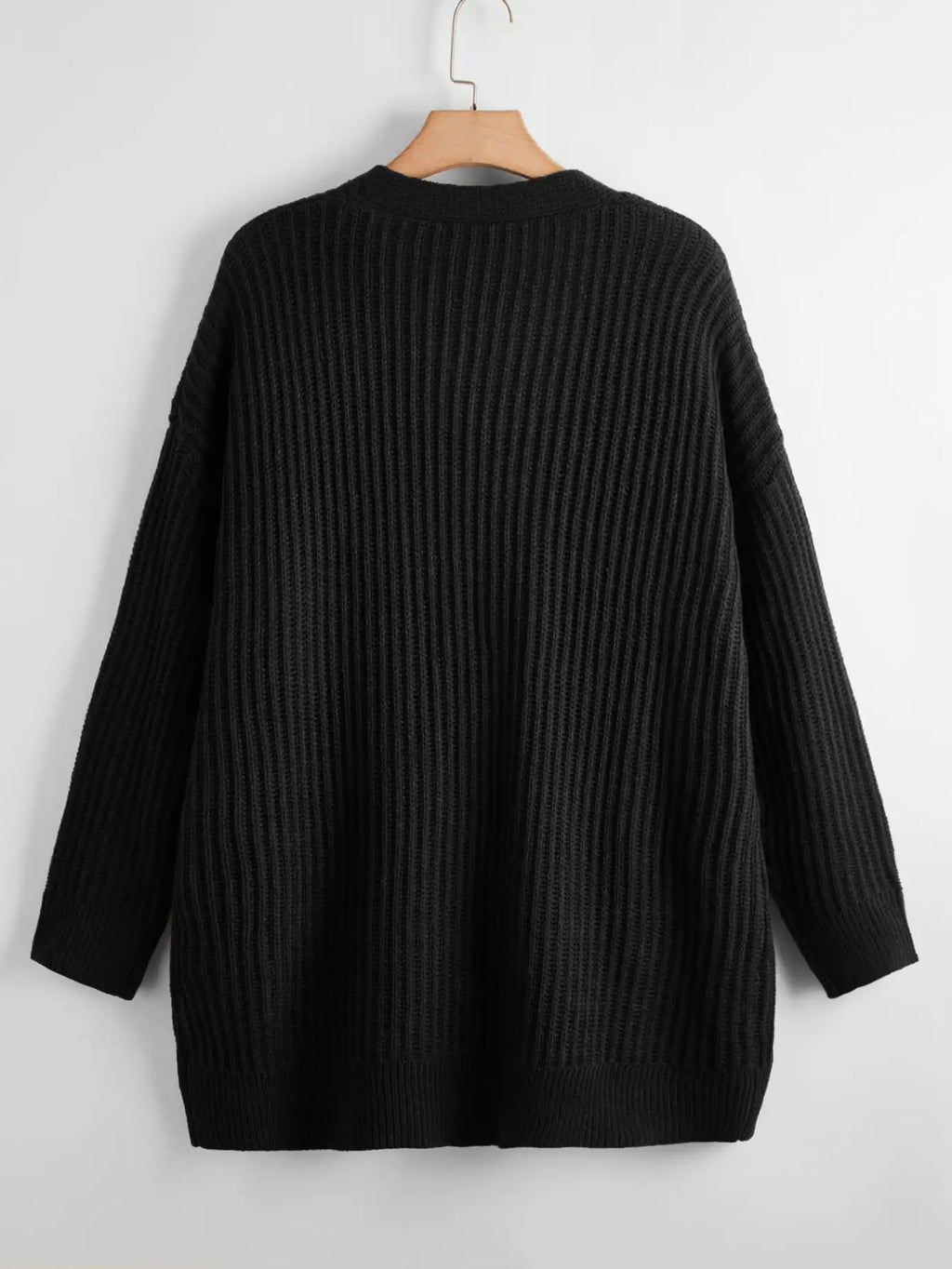 Women's Loose Casual Rib Knit Long Sleeve Cardigan With Pockets, Black, Versatile Everyday Wear,