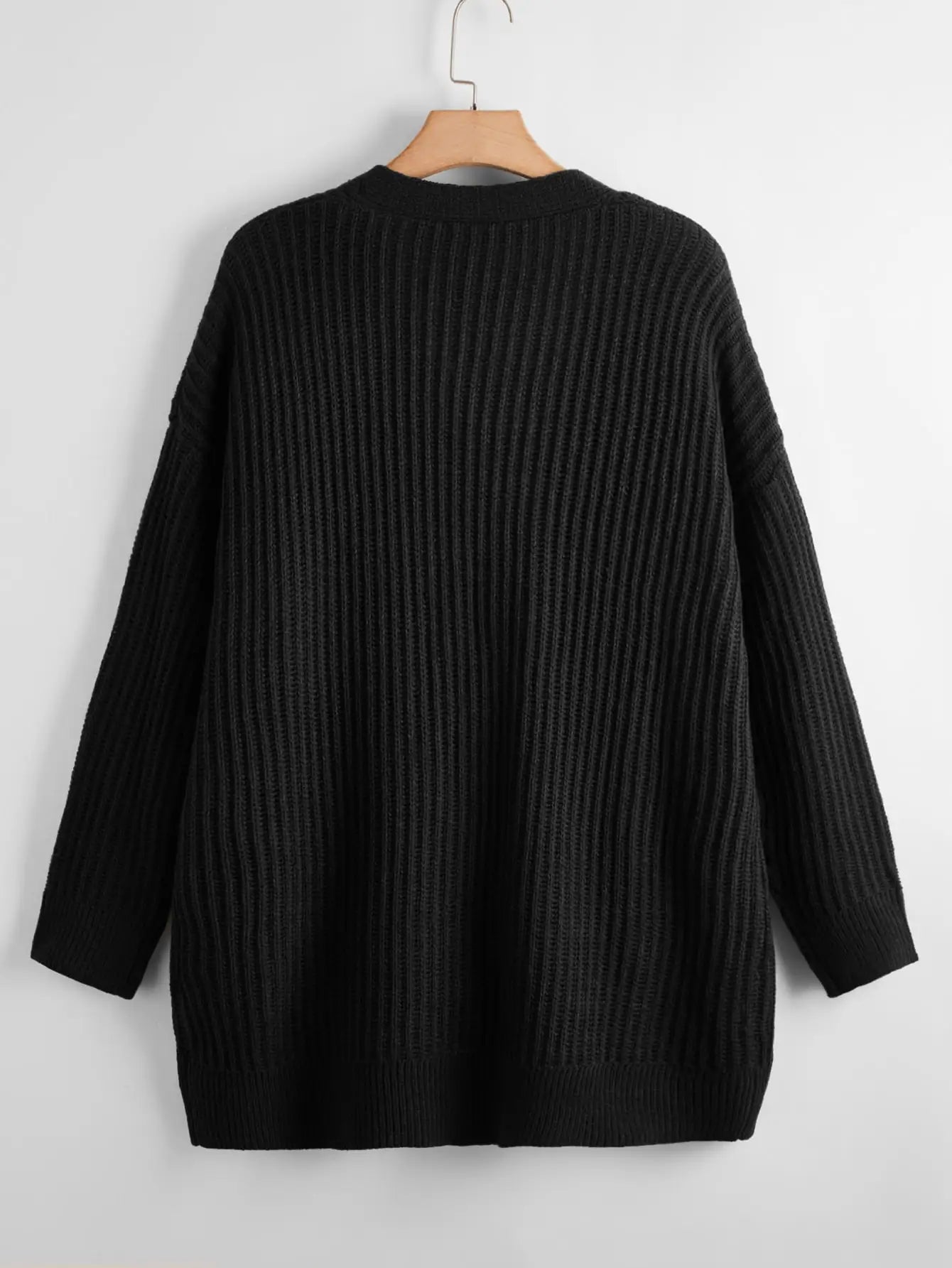 Women's Loose Casual Rib Knit Long Sleeve Cardigan With Pockets, Black, Versatile Everyday Wear,