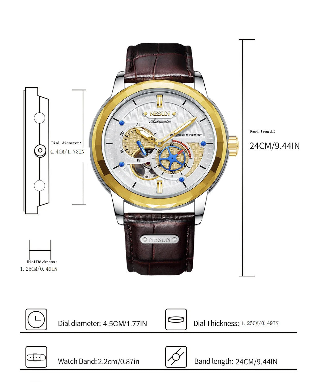 NESUN automatic mechanical watch, stainless steel case luminous classic men's wristwatch, large dial mechanical watch