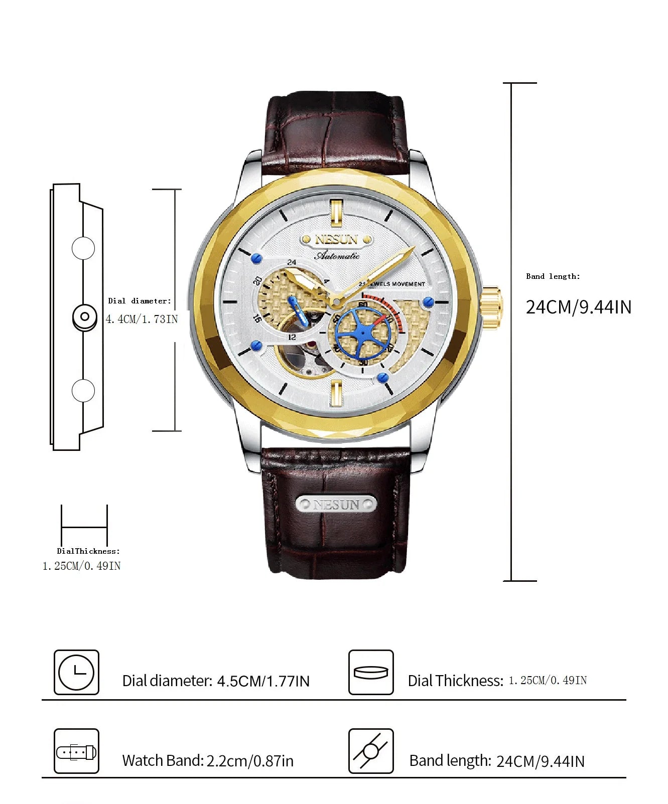 NESUN automatic mechanical watch, stainless steel case luminous classic men's wristwatch, large dial mechanical watch