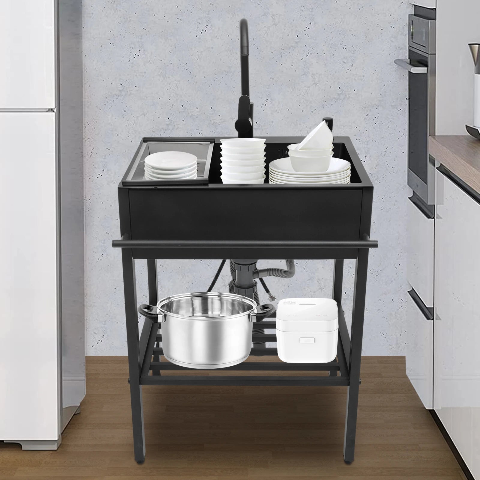 60x45cm Freestanding Stainless Steel Sink with Black Faucet Soap Dispenser Utility Kitchen Laundry Sink