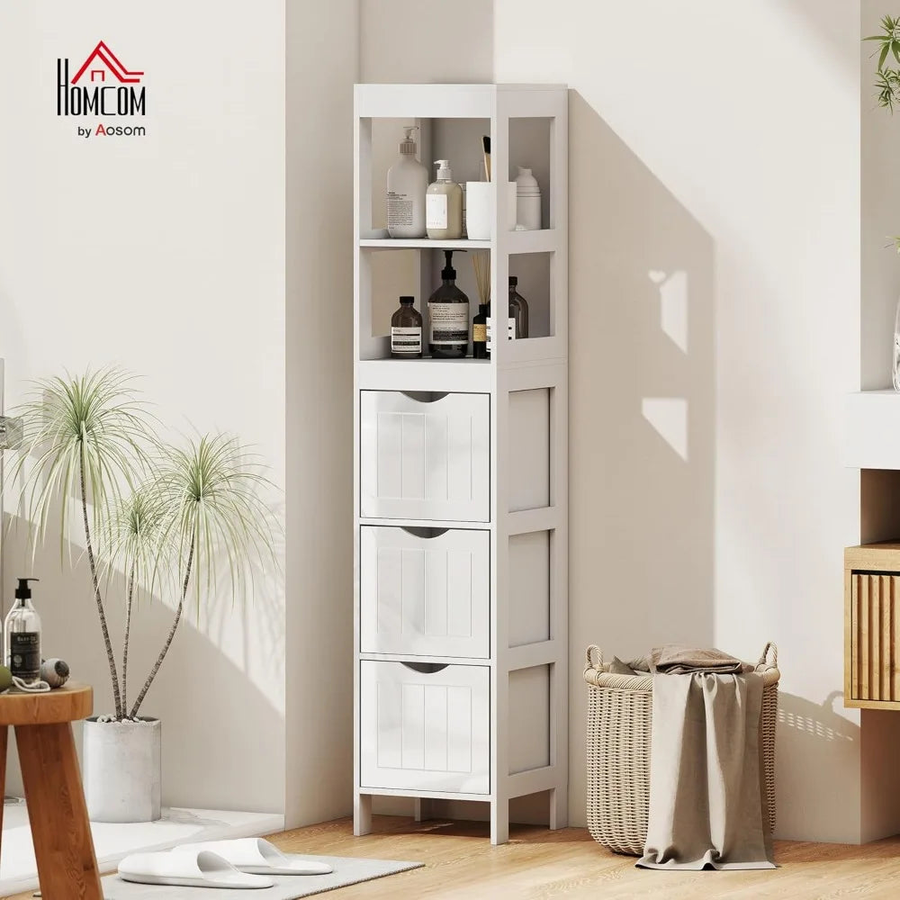 Slim Bathroom Storage Cabinet with 3 Drawers & 2 Shelves, Freestanding Organizer for Small Spaces, White