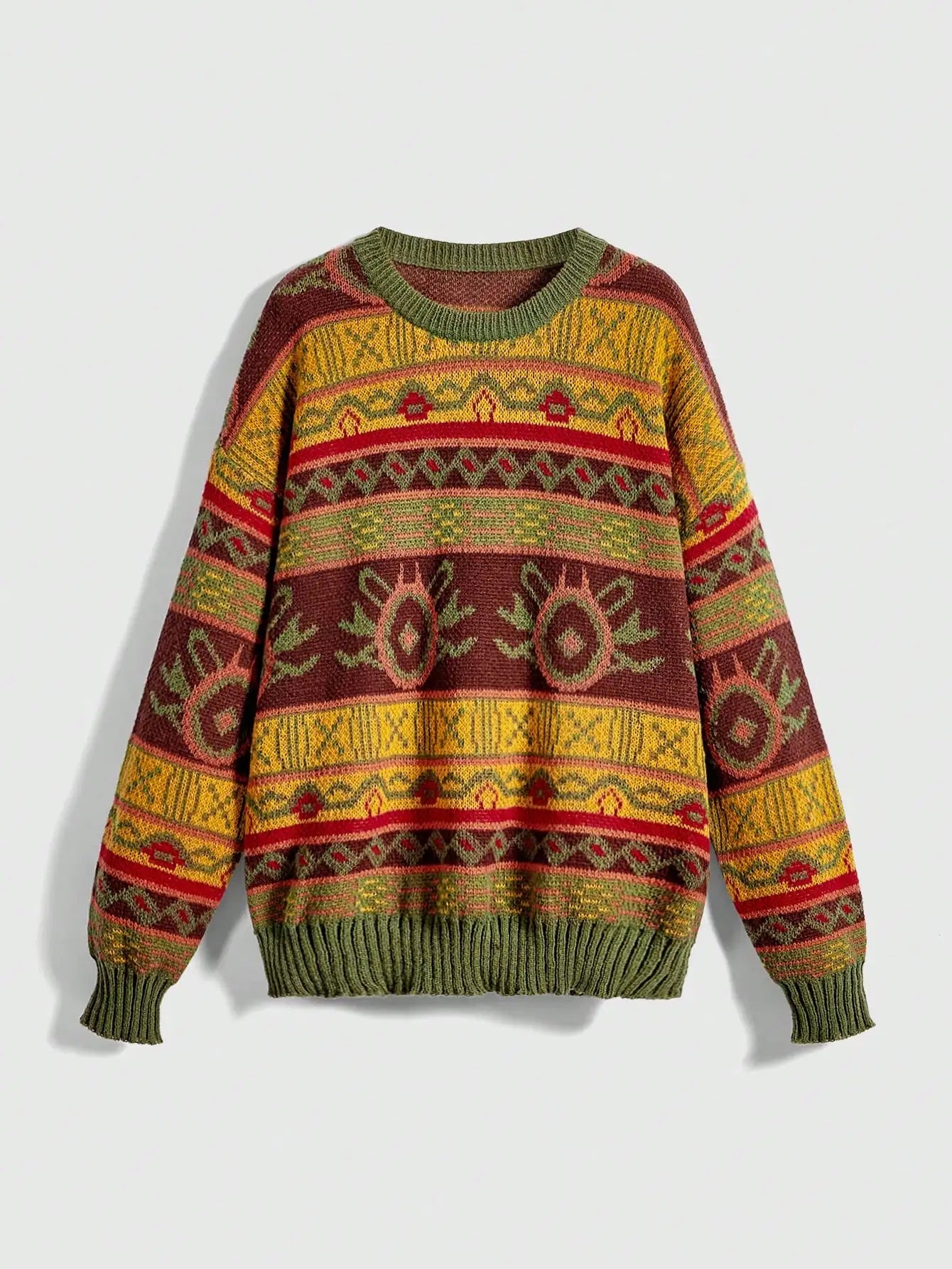 Boho Geo Pattern Drop Shoulder Knit Sweater for Women, Long Sleeve Fall Winter Top