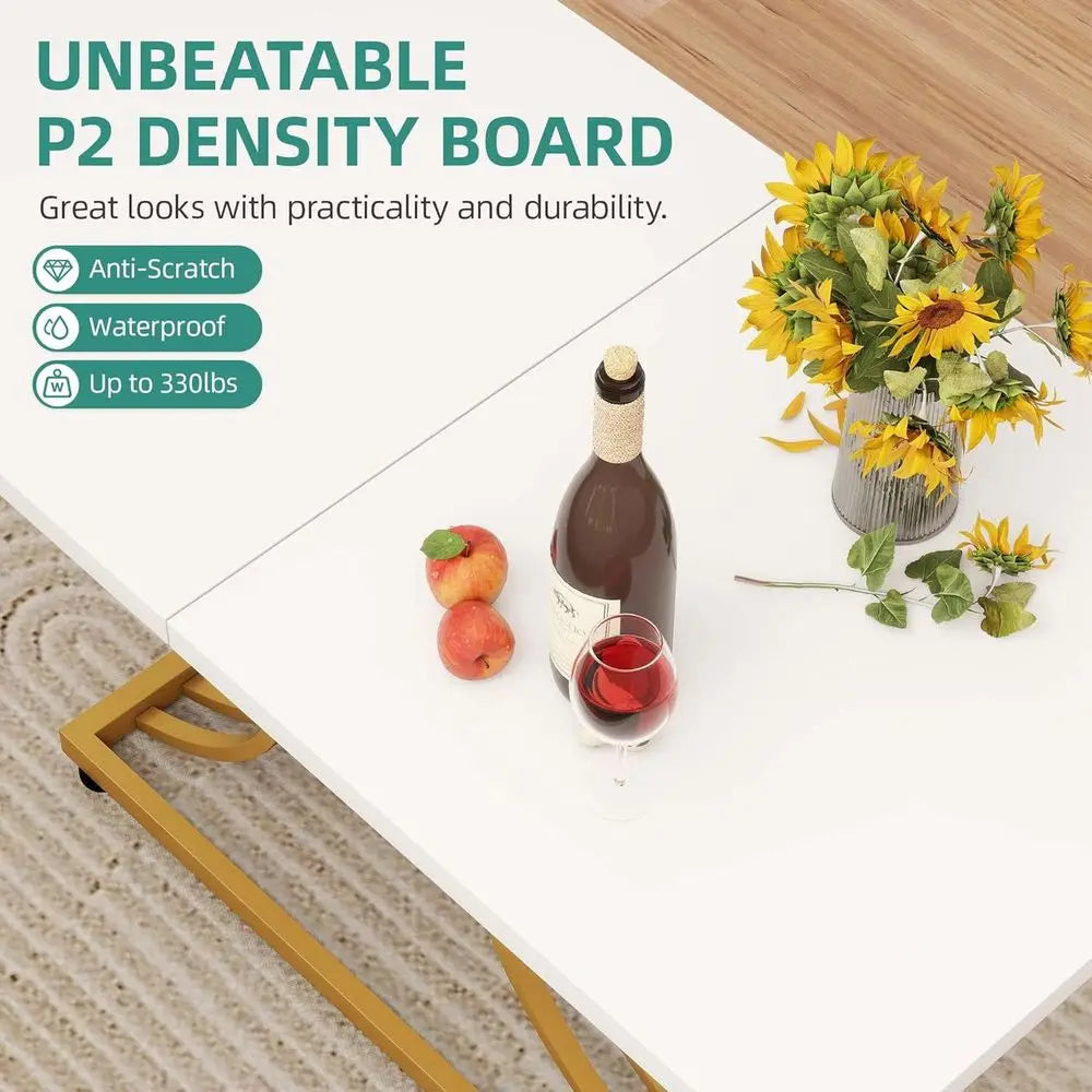 Modern Rectangular Dining Table, White Top & Geometric Gold Legs, Seats 4, Small Kitchen Table for Dining Room