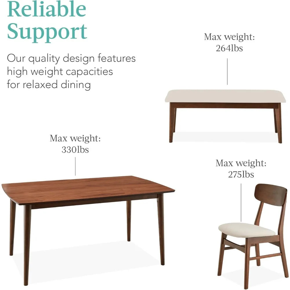 Mid-Century Modern 6-Piece Dining Set with Walnut Table and Cream Upholstered Chairs Including Bench