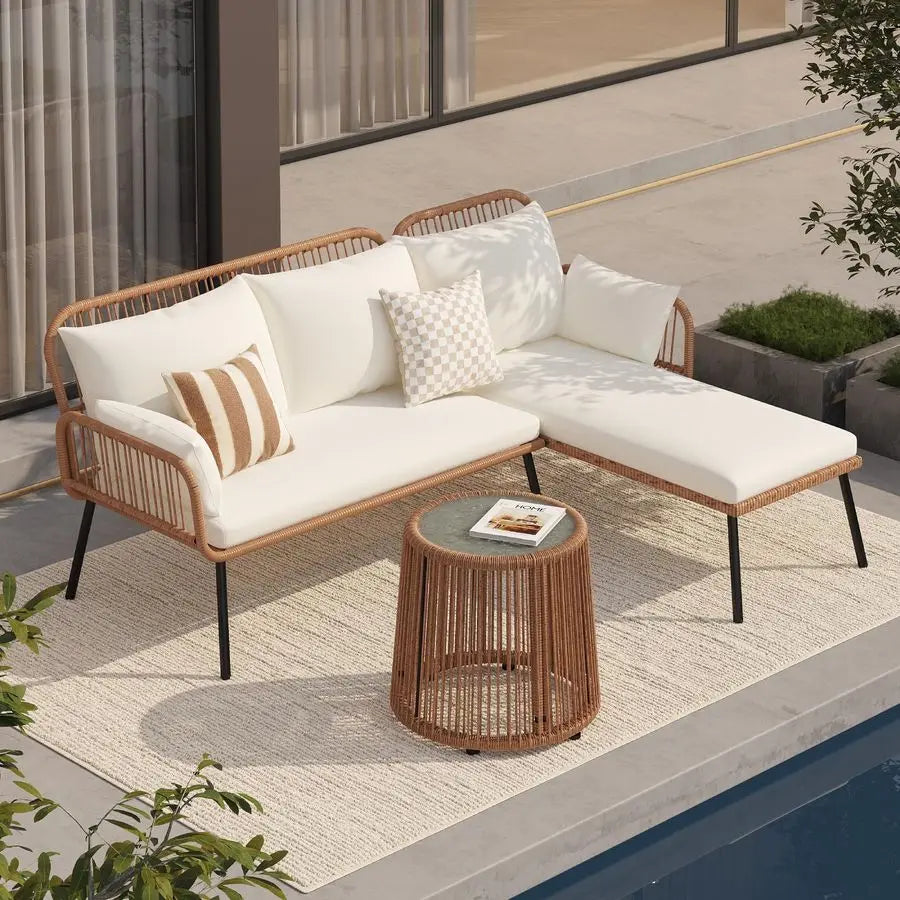 Outdoor Patio Furniture Set, 3 Piece Wicker Rattan Outdoor Balcony Furniture Set, LShaped Patio Conversation Sofa Set with Cush