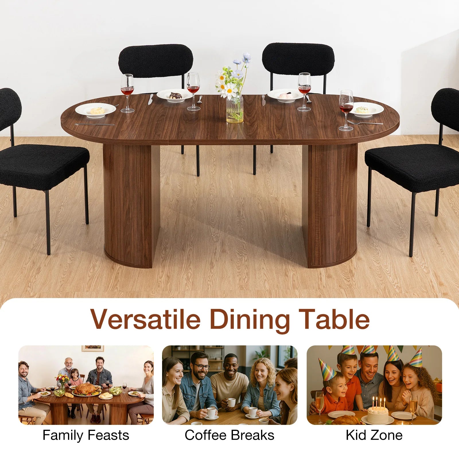 70.8" Oval Dining Table for 6-8 Person Kitchen Table with Semi-Cylindrical Legs Base Large Wooden Round Dining Room Table Modern