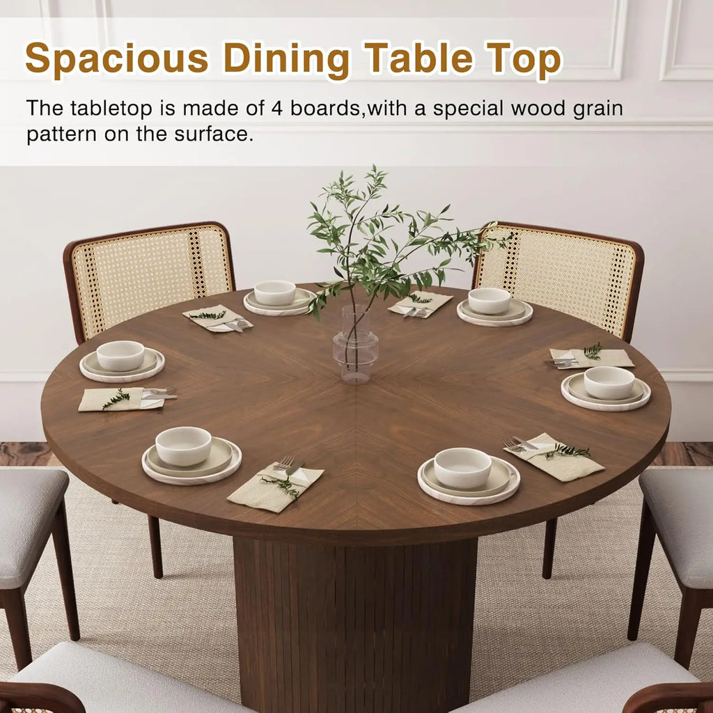 Fluted Round Dining Table, 47-inch Wood Kitchen for 4, Farmhouse Circle Table with Strip Base for Kitchen, Living Room, Walnut