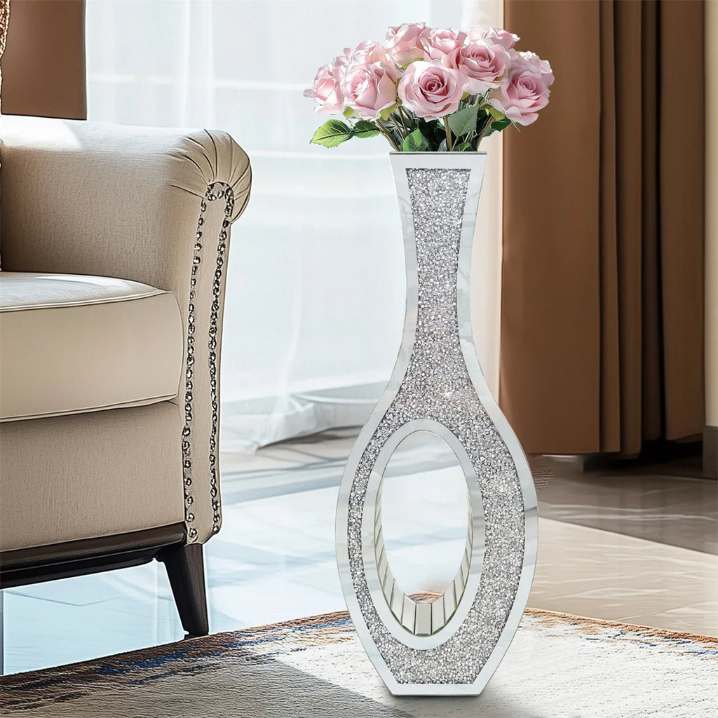 Designed Modern Flower Vase Silver Crystal Mirrored Floor Vase Home Decorative Standing Flower Vase