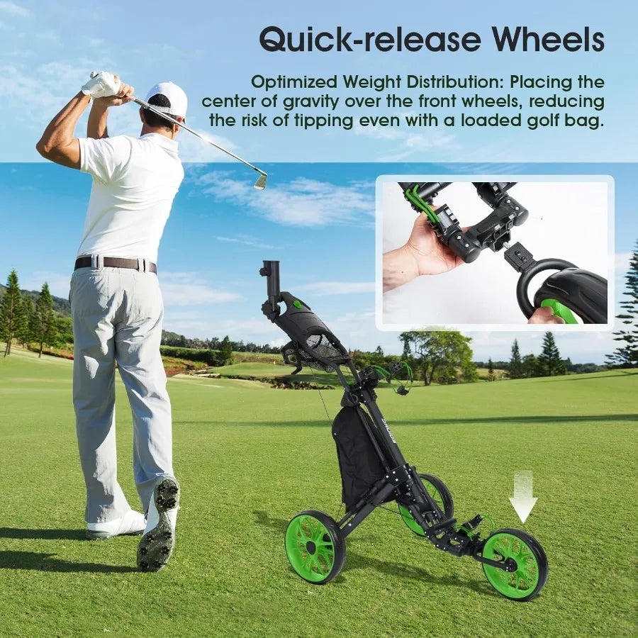 3 Wheel Golf Push Cart : Lightweight Compact Golf Walking Cart with Cooler Flat Fold Golf Trolley with Brake Pull Behind