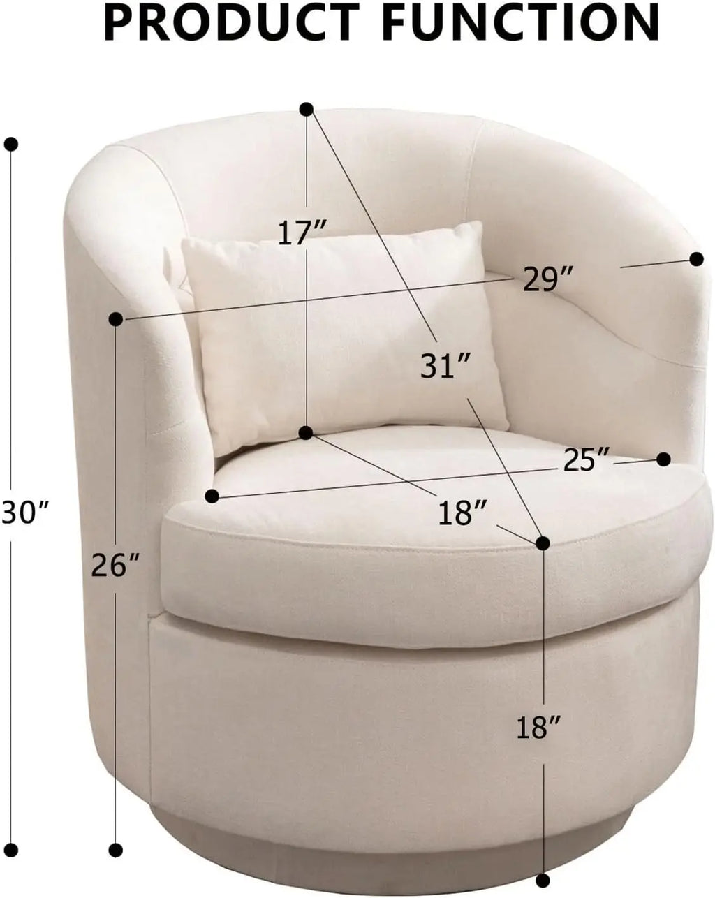 Swivel Accent Chair, 360° Round Barrel Armchair with Pillow, Beige Upholstered Club Chair for Living Room Bedroom Reading Nook