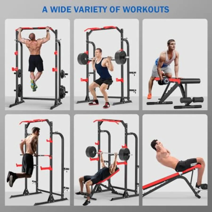 MultiFunctional Power Cage Squat Rack with Pull Up Bar JHooks Dip Handles and Weight Plate Storage for Home Gym and Fitness Tra
