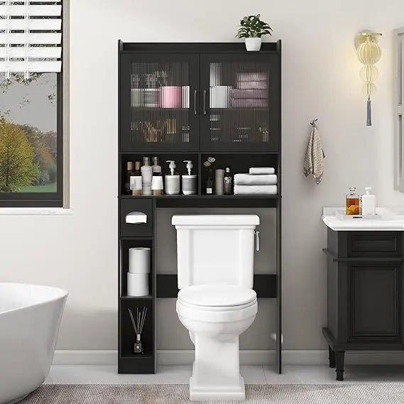 Farmhouse Style Over-the-Toilet Storage Cabinet with 2 Acrylic Wave Doors for Space-Saving Bathroom Storage