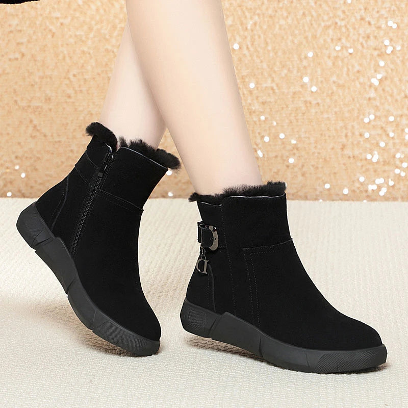 2025 Winter New Women's Suede Snow Boots - Plush Collar Warm  Shoes,  Platform Cotton Boots with Side Zipper and Metal Buckle