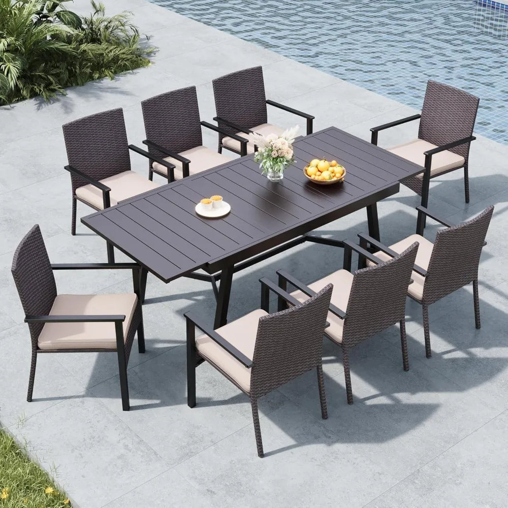 Patio Table and Chairs, Patio Dining Set for 8, Expandable Outdoor Table with Chairs, 9 Pieces Outdoor Rattan Dining, A