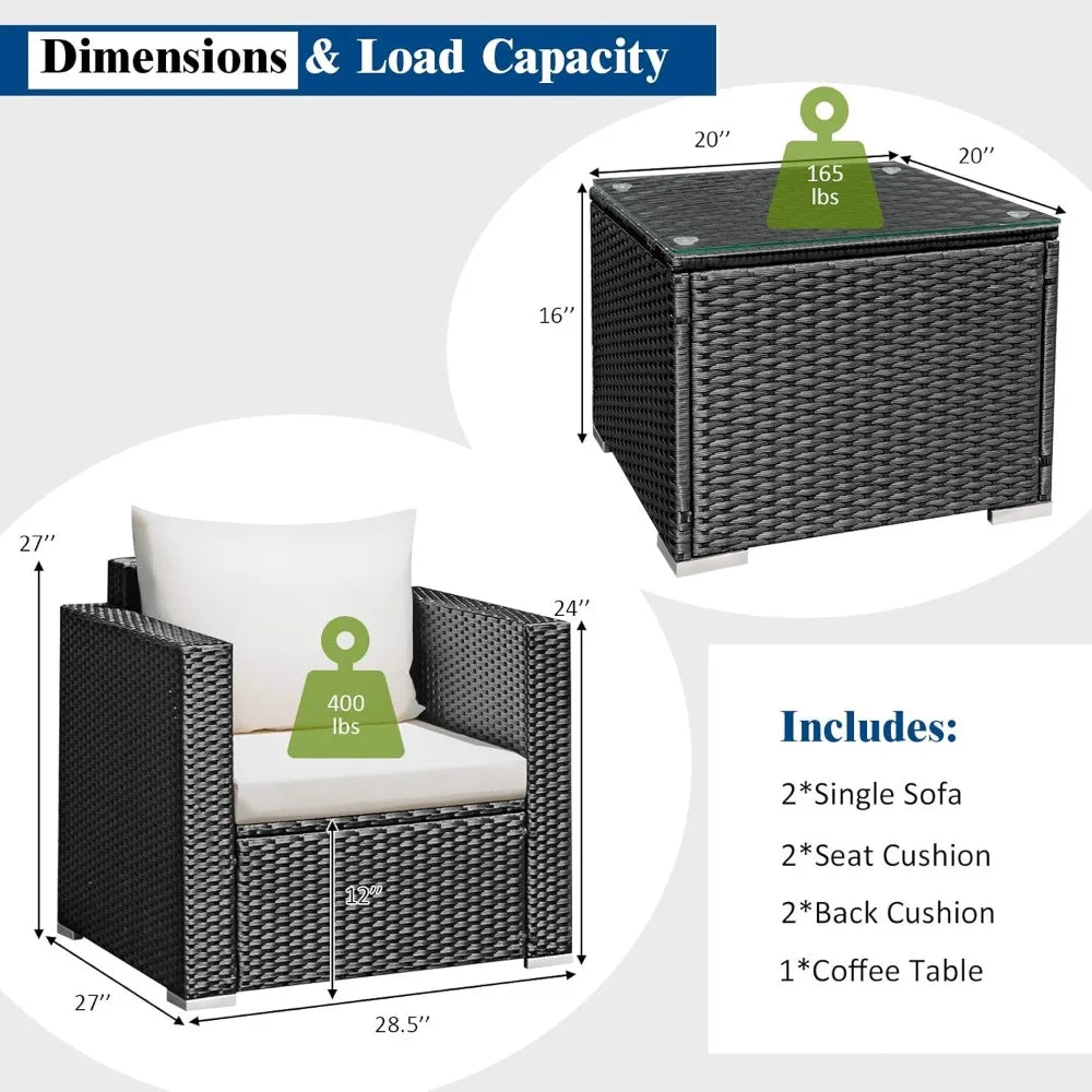 COSTWAY 3-Piece Outdoor Patio Furniture Set, Cushioned Armchairs and Tempered Glass Coffee Table, Wicker Rattan Sofa Set for Gar