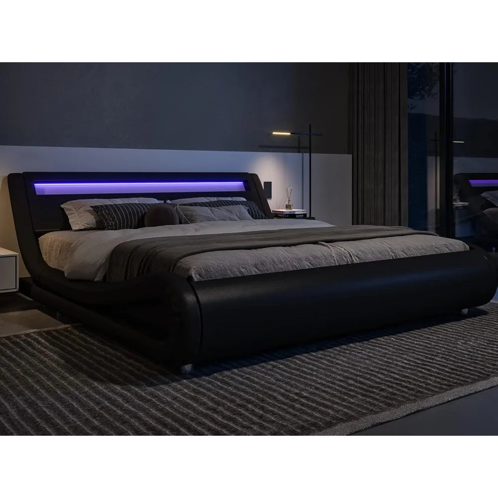 Full Size LED Platform Bed Frame with Adjustable Headboard, No Box Spring Required, Easy Assembly, Faux Leather in Black