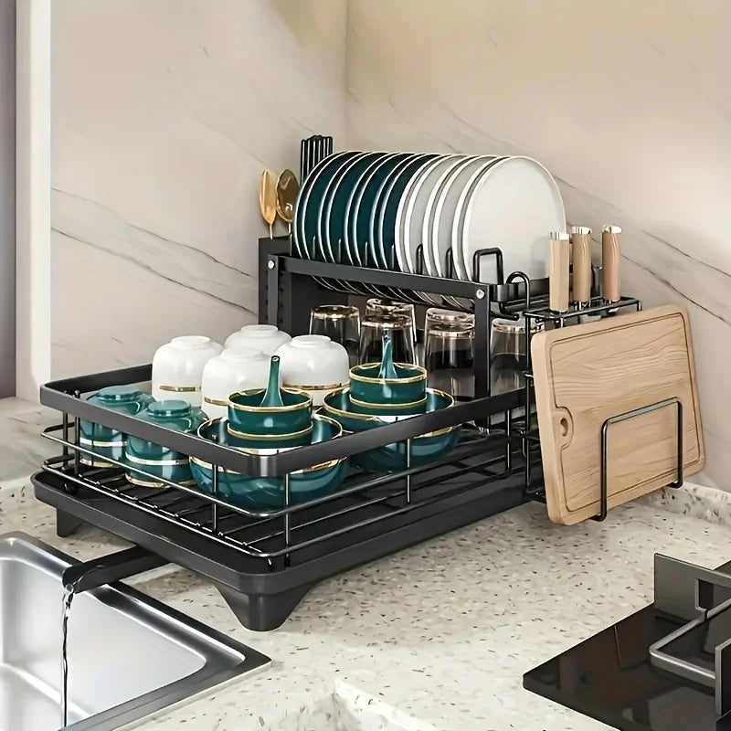 Double-tier extendable dish drainer, suitable for kitchen worktops as a large-capacity utensil rack and draining board.