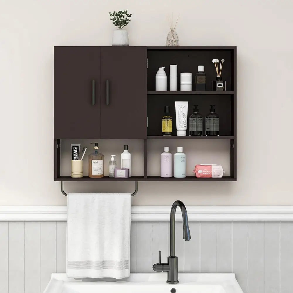 Medicine Cabinet, Wooden Bathroom Wall Cabinet with 2 Doors, Adjustable Shelves & Towel Bar, Over Toilet Storage Cabinet Wall Mo
