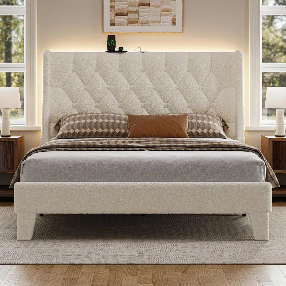 Full Size Bed Frame with Headboard, White Platform Bed Frame with Type-C and USB Ports, Wingback Bedframe with Headboard and Sto