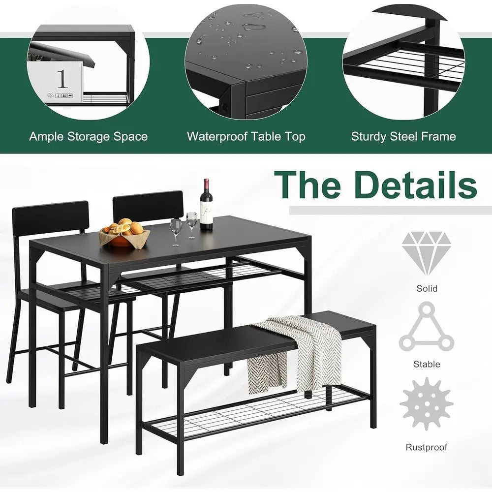4-Piece Dining Set with Bench and Chairs, Kitchen Table Set for Small Spaces, Metal Frame, Black