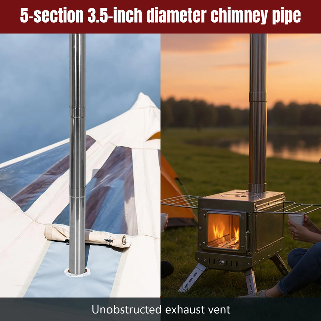 Large Tent Stove with Chimney Pipe Stainless Steel Firebox Rust Proof Outdoor Camping Wood-Burning Stove w/ Dual Glass Windows