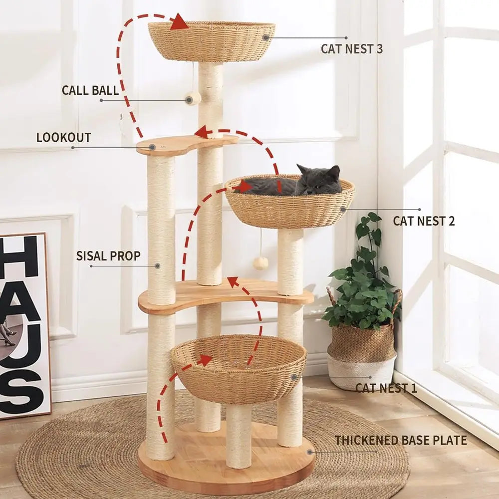 Luxury 54 Indoor Cat Tree Tower, Hand-Woven Oak Scratching Post for Multiple Large Cats, High-End Design Activity Center, Easy t