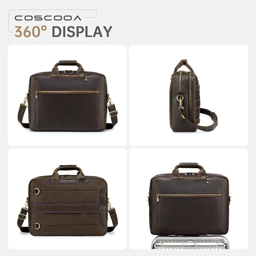 Large Full Grain Leather Briefcase Convertible Backpack For Men Business Travel Case Messenger Bag Fits 17.3" Laptop