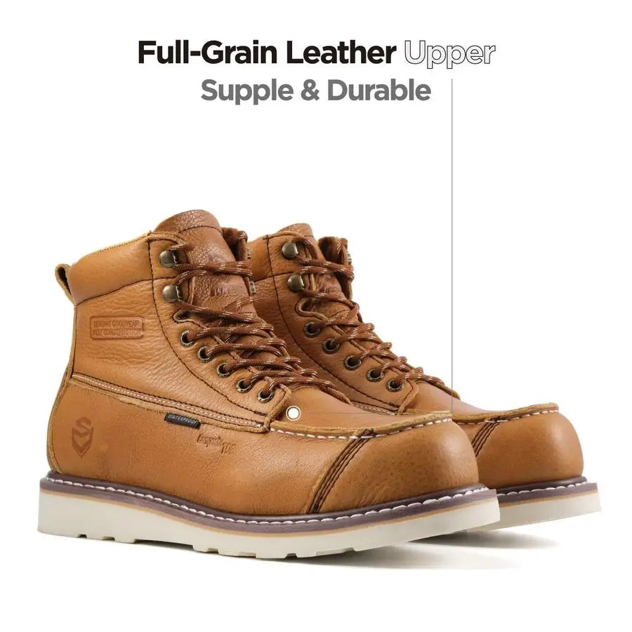Mens 6 Heavy Duty Waterproof Work Boots Composite Toe, EH Construction Industrial Safety Leather Boots, Lace Up Moc Toe, Oil Sli