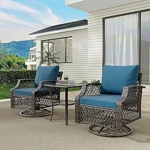 3 Piece Outdoor Swivel Chair Set, Wicker Patio Bistro Set with Thickened 25D Cushions and Glass Coffee Table, Patio Furniture C